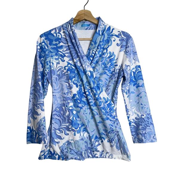 J.McLaughlin Catalina Cloth Wrap Top Blue White Floral Print Size Small - Picture 1 of 5